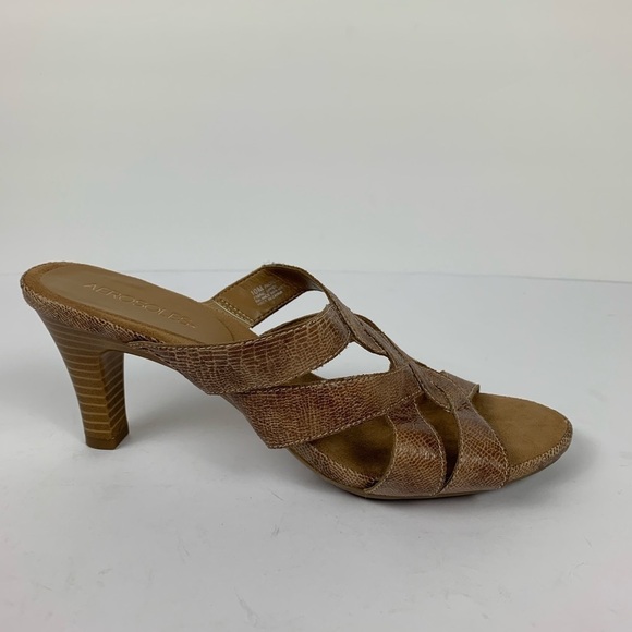 New Aerosole Carmel Snakeskin Heeled Sandals 3.5” Wood Heel Comfortable Size 10 - Picture 2 of 9